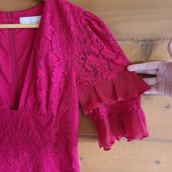 Anthropologie Keepsake The Label Red Timeless Lace Midi Dress Small Ruffle Pleat - Picture 5 of 6